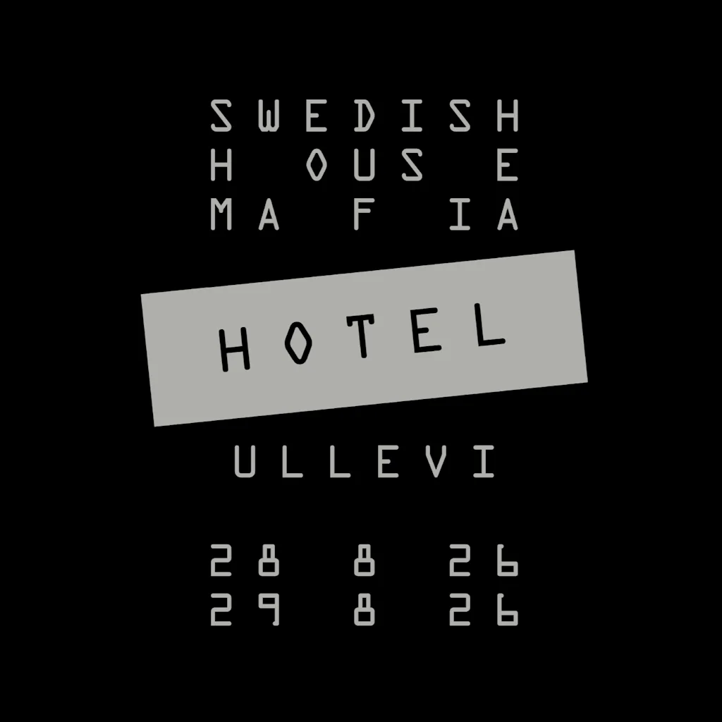 Ett meddelande på svart bakgrund med vit text. En grå ruta framhäver HOTEL, med ULLEVI och datumen 28 8 26 och 29 8 26 nedanför.