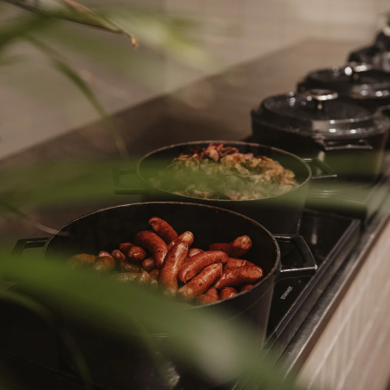 Sausages cooking in a pot on a stovetop, surrounded by leafy plants, with additional pots visible in kitchen setting.
