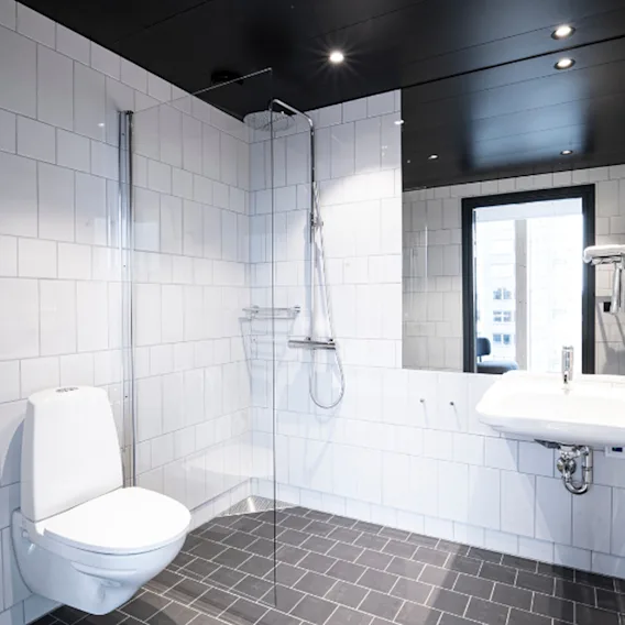 Ett rent och modernt badrum med toalett, glasdusch och handfat med en stor spegel.