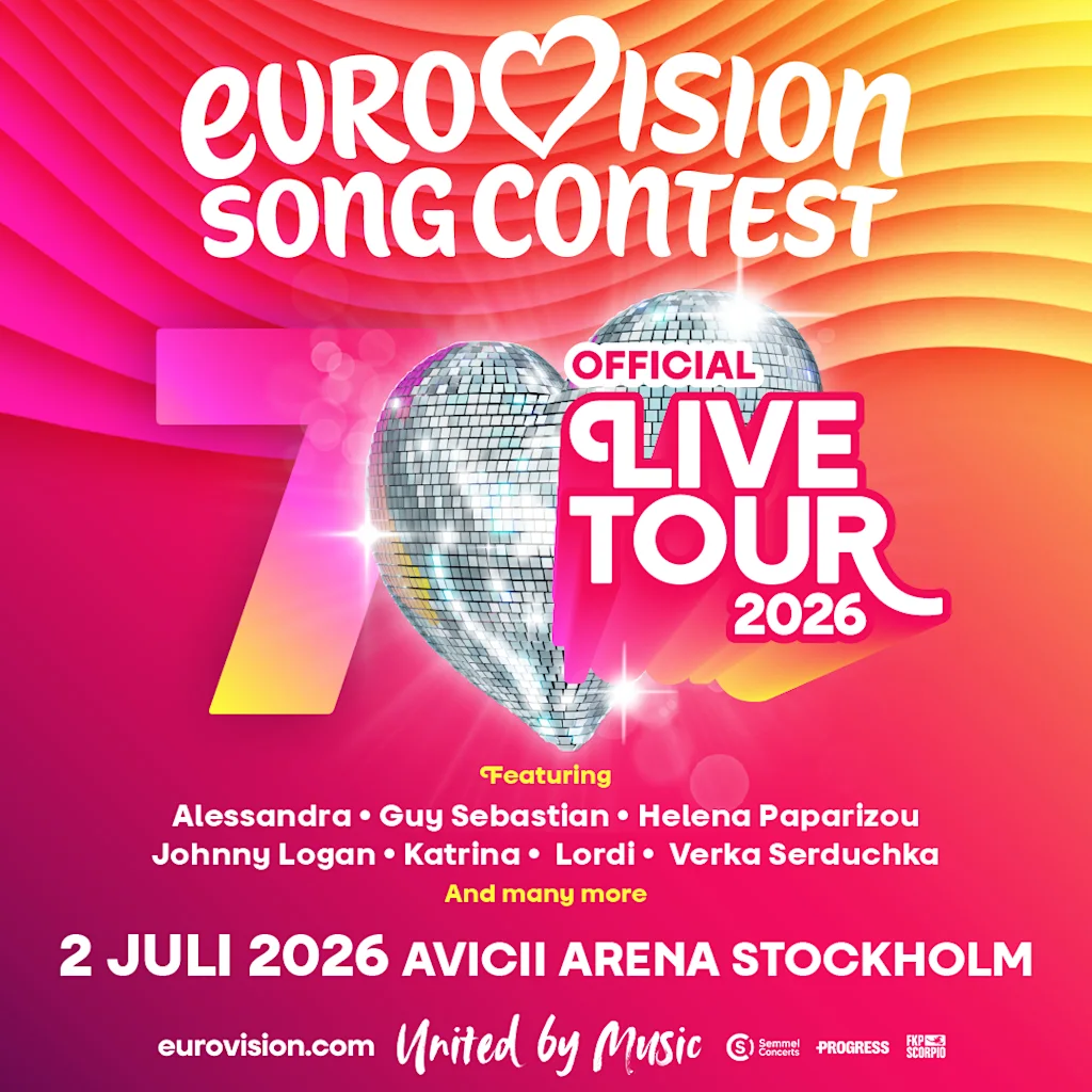 Affisch for Eurovision Song Contest Live Tour 2026. En hjartformad discokula, med artister, 2 juli 2026, Avicii Arena Stockholm.