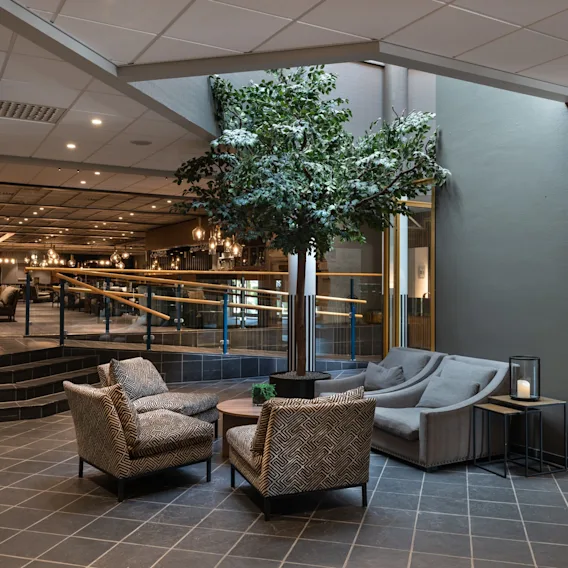 Sittegruppe med mønstrede lenestoler og et lite bord under et stort kunstig tre, plassert i en moderne, godt opplyst lobby med en heis til høyre.