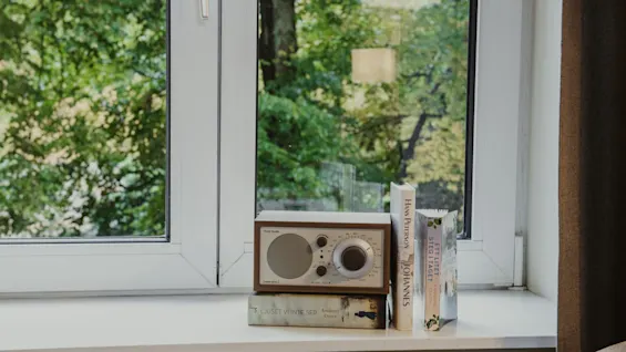 En radio og bøger på en vindueskarm med grønne træer synlige udenfor. Bøger læser HANS PETERSON JOHANNES, ETT LITET STEG TAGET, LJUSEN VI INTE SER.