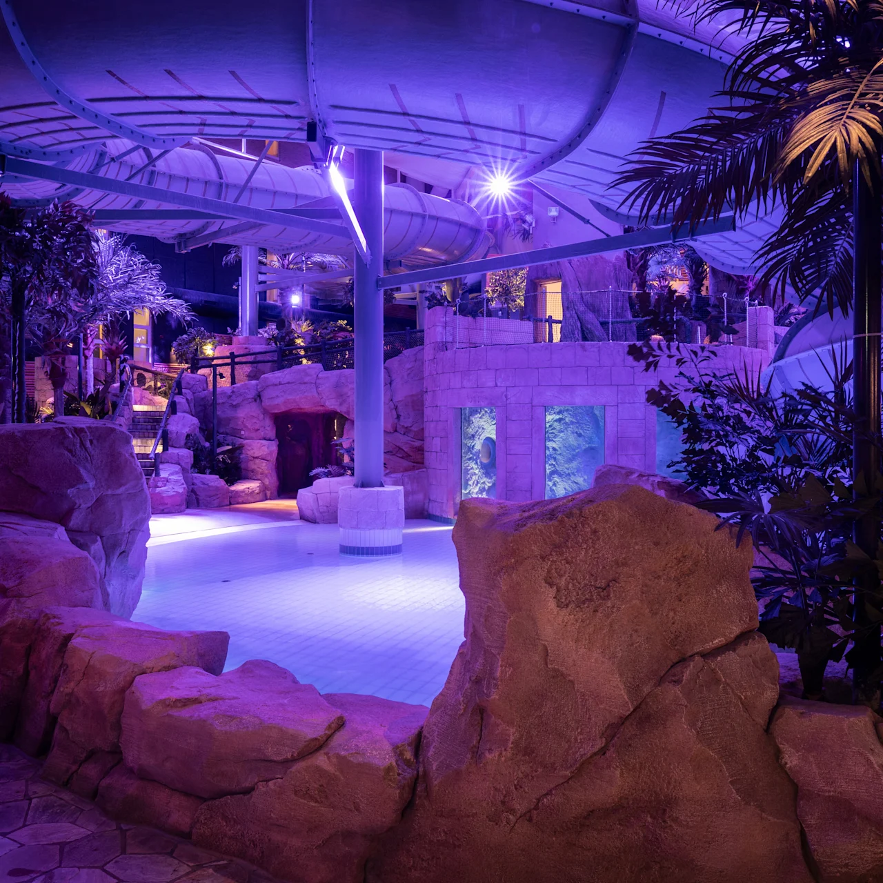 An indoor water park features a curving waterslide above a pool, surrounded by artificial rock formations and tropical plants, illuminated with purple lighting.