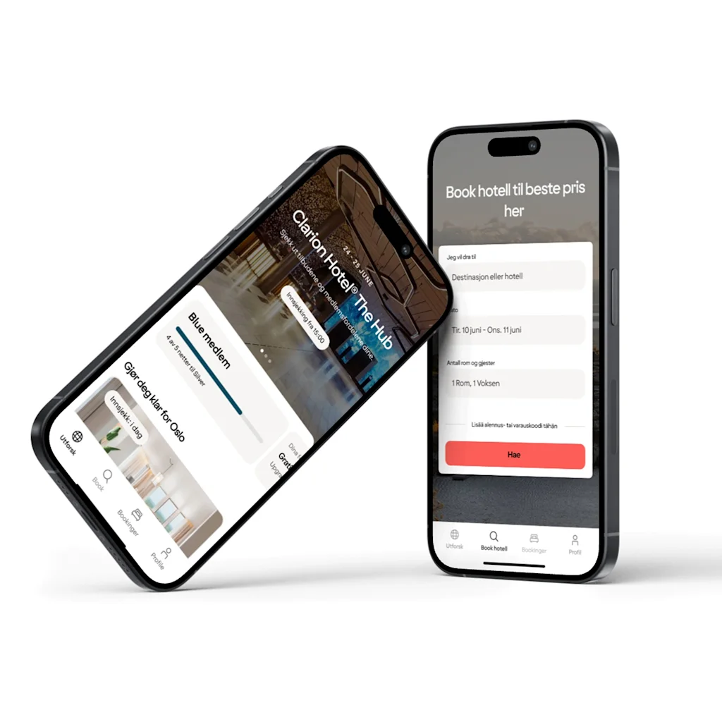 To smarttelefoner viser en hotellbestillingsapp. Den ene viser hotelldetaljer, den andre et bestillingsskjema. Book hotell til beste pris her.