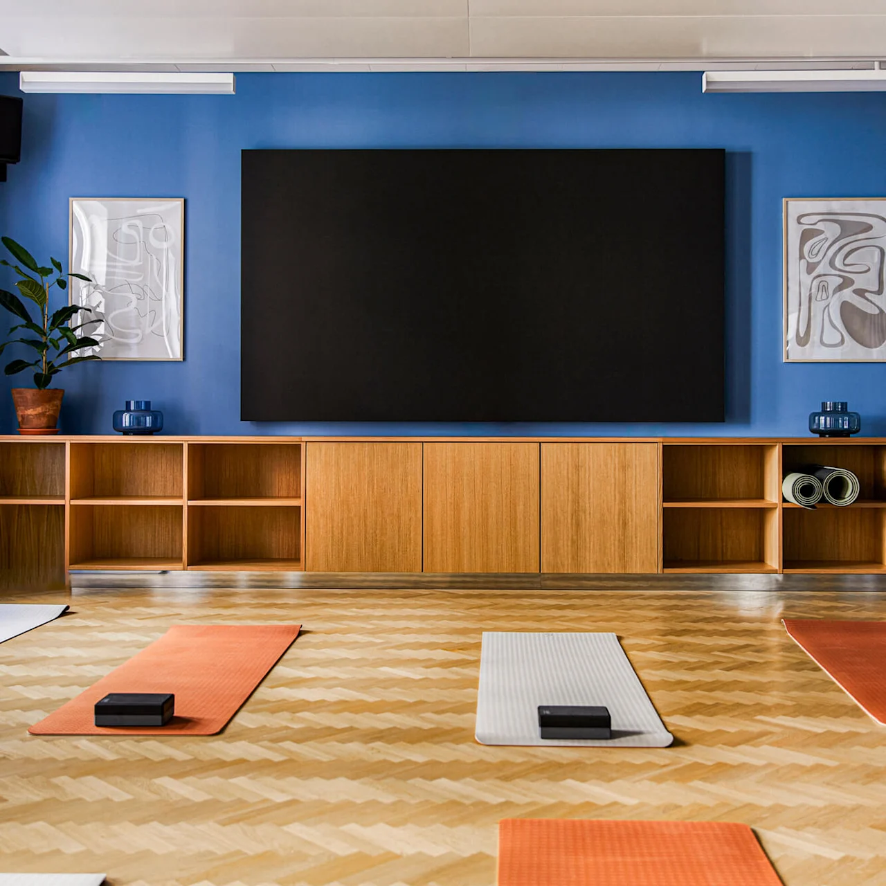 Yogamåtter ligger på et trægulv, med individuelle skumblokke placeret på hver. Blå vægge har abstrakt kunst, med en stor sort tavle og hylder bagved.