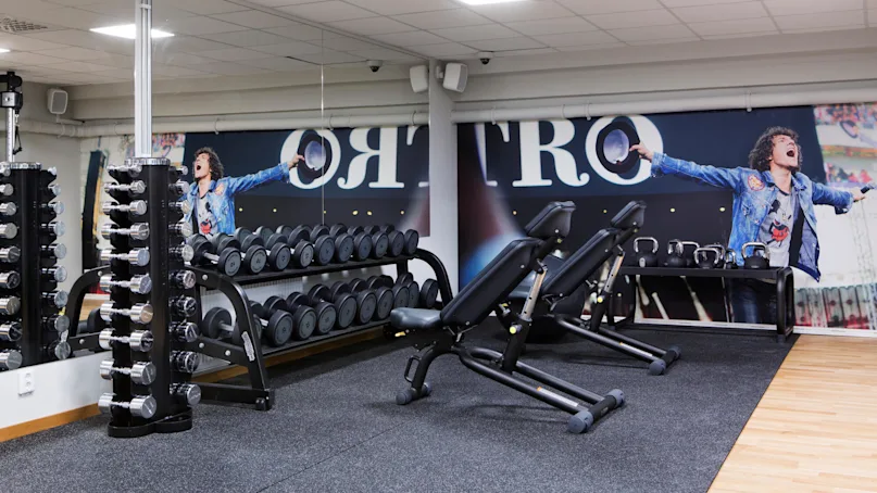 Dumbbells are stacked on racks, mirrored walls reflect gym equipment; a mural features a person with open arms. Text partially visible: "TRO".