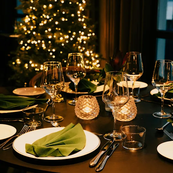 Et vakkert dekket middagsbord med vinglass, grønne servietter og glødende lys, med et festlig juletre i bakgrunnen.