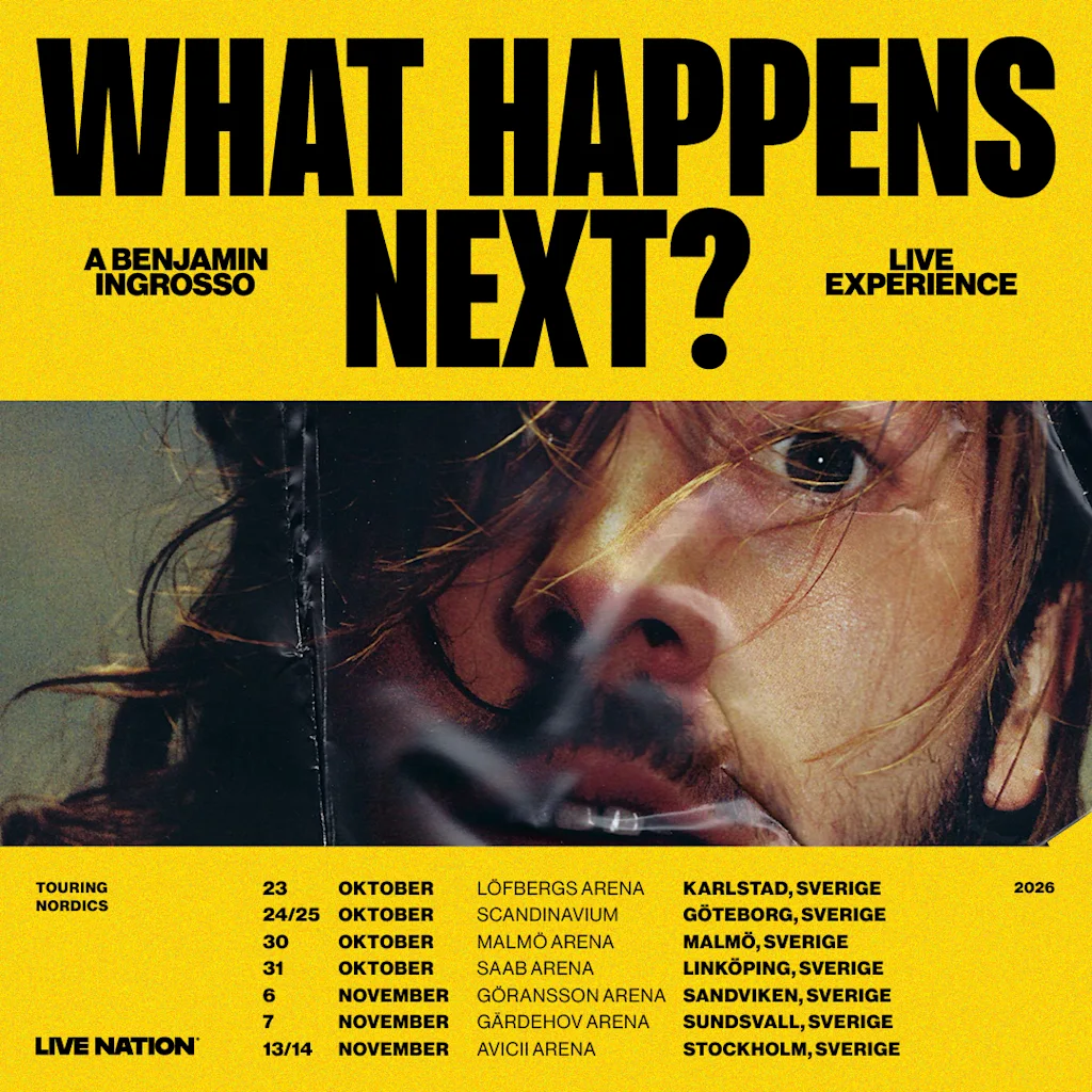 En konsertaffisch med ett ansikte bakom en förvrängd yta, med texten 'WHAT HAPPENS NEXT? A BENJAMIN INGROSSO LIVE EXPERIENCE'.