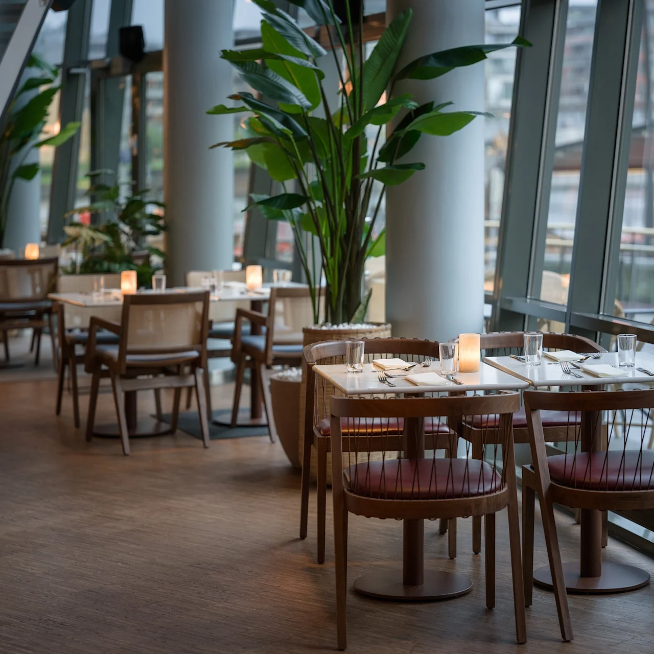 Bord ställda med bestick och ljus står vid ett fönster i en modern restaurang, prydd med stora gröna växter. Synlig text: "The Social Bar & Bistro".