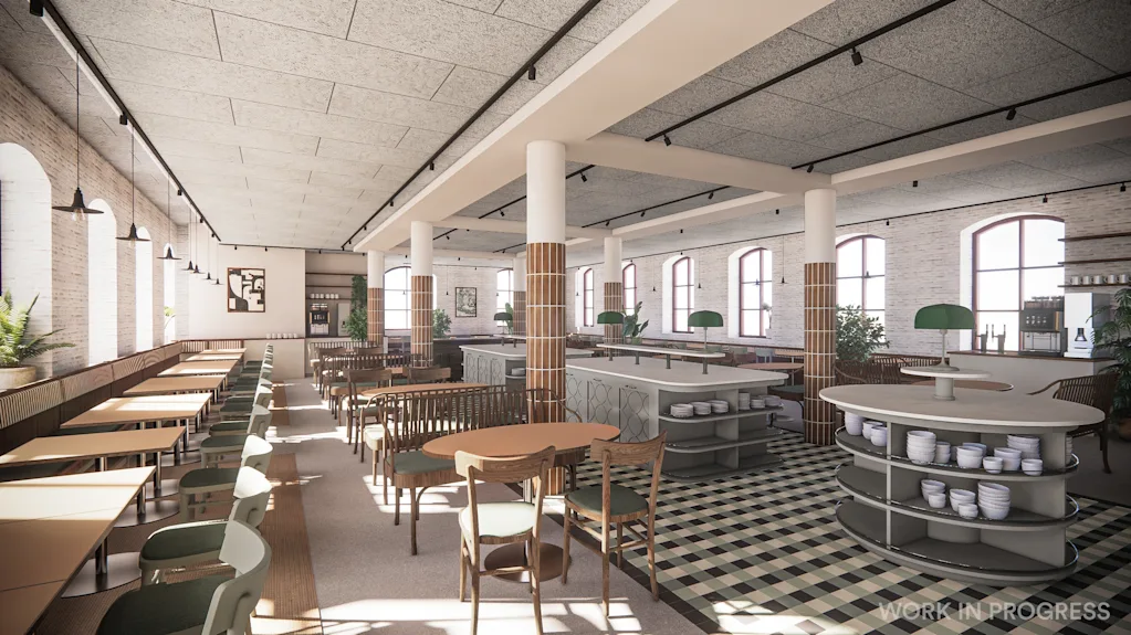 Bright and airy restaurant interior with multiple seating arrangements and serving counters. 