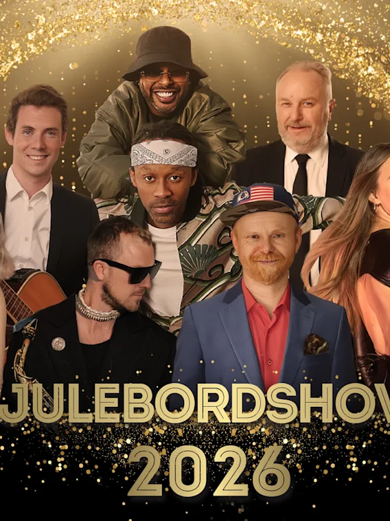 En gruppe artister smiler mot en glitrende gullbakgrunn, som annonserer JULEBORDSHOW 2026.