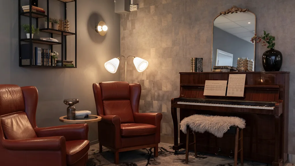An inviting lounge at Home Hotel Grand Bodø featuring comfortable leather armchairs, a piano with sheet music, and warm lighting.