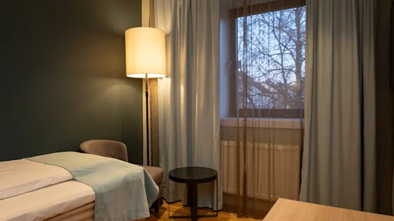 A cozy hotel room with a warm lamp, a comfortable bed, and a window looking out at bare trees.