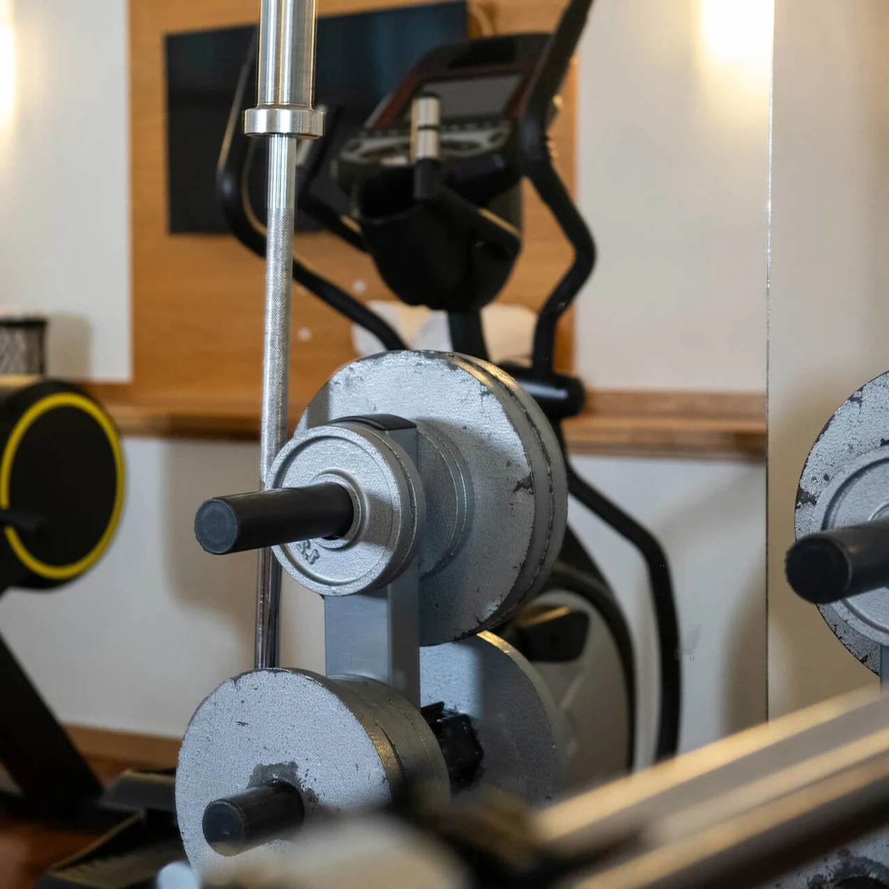 Barbell with weights on a rack, situated in a gym setting. Exercise equipment and a potted plant are visible in the background within a well-lit room.