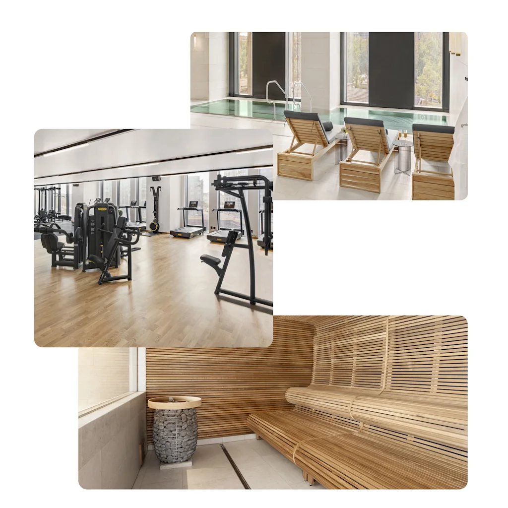 Gym furnished with exercise equipment on wooden floors. Indoor pool with wooden lounge chairs alongside. Wooden sauna interior with benches and a heater.