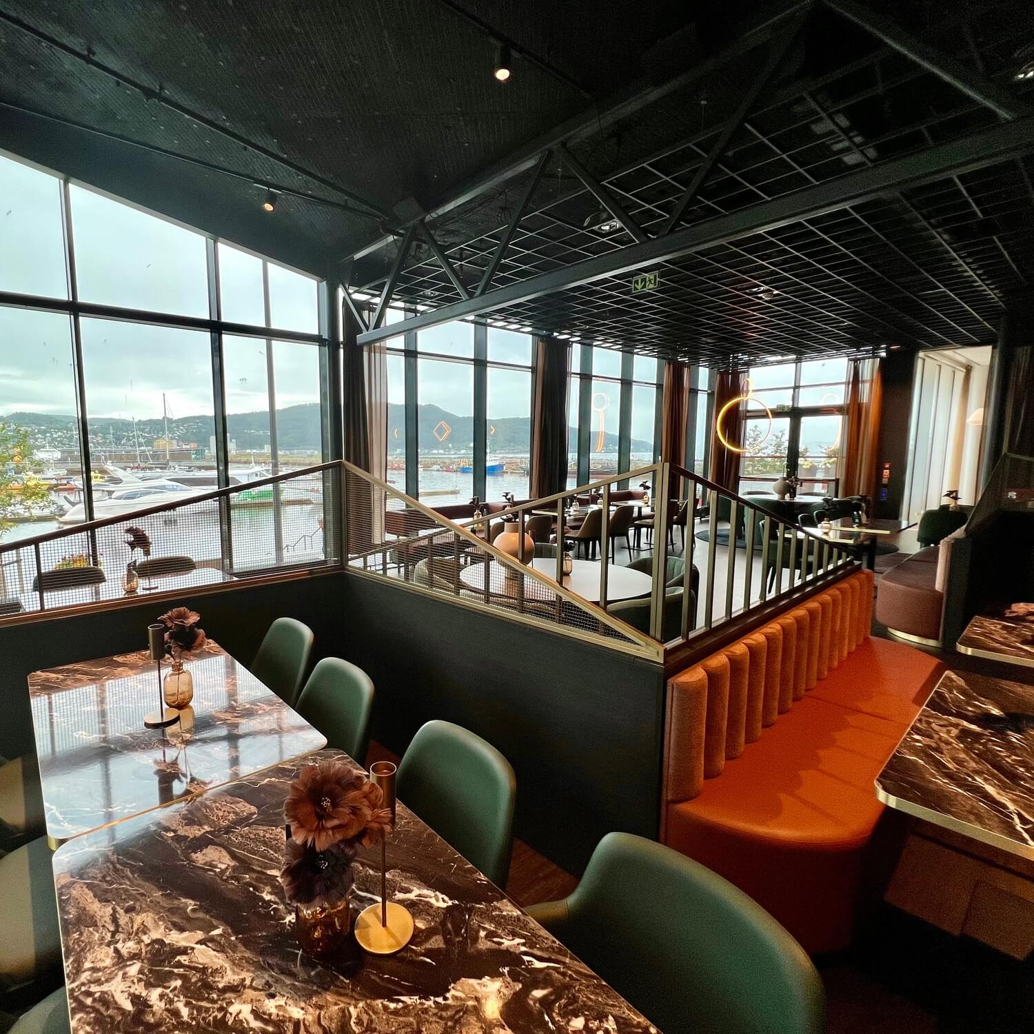 Modern interior in the restaurant at Clarion Hotel Trondheim.
