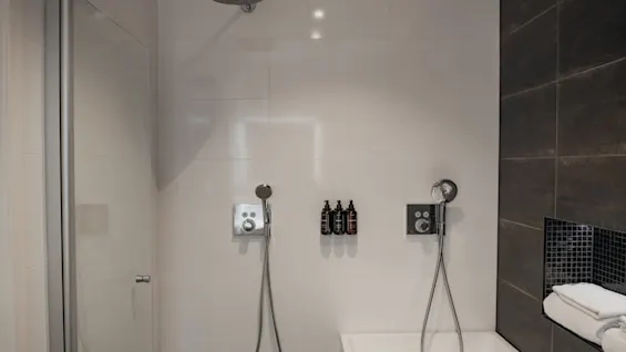 A modern bathroom with a walk-in shower and a bathtub, equipped with contemporary fixtures and bath products.