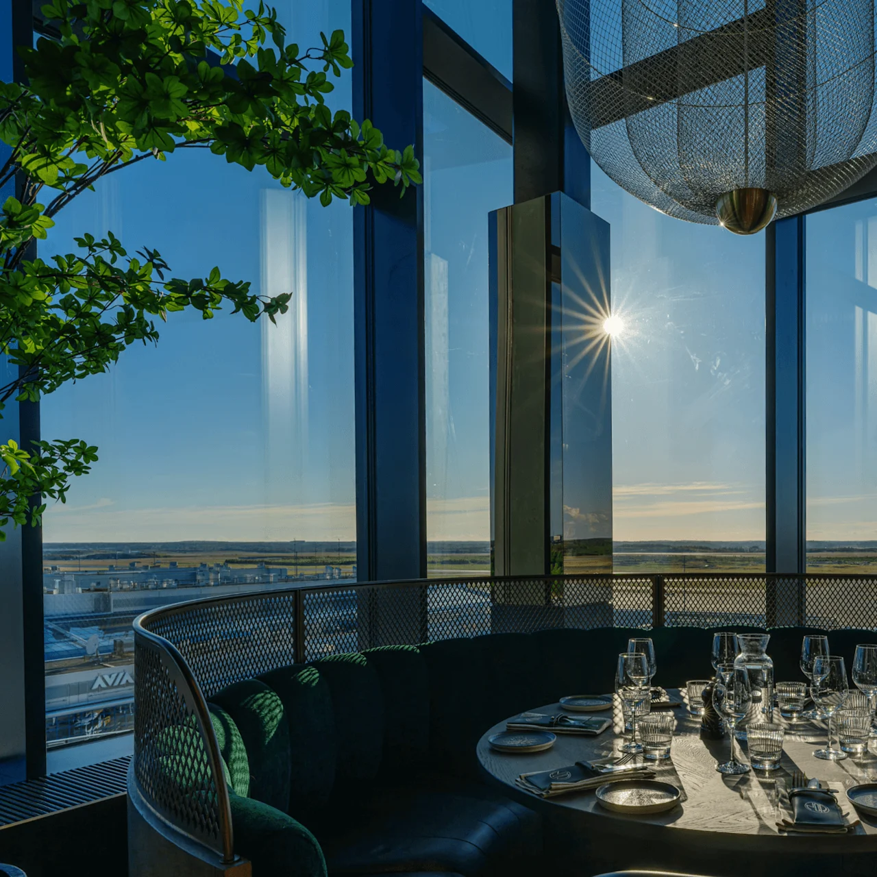 Elegant dining table set with glassware and plates; sunlight streams through large windows overlooking a landscape, with a leafy plant nearby, creating a serene, upscale ambiance.