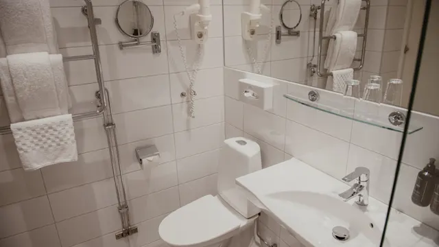Toalett i ett kaklat badrum bredvid ett handfat med kran. Två hårtorkar är monterade på väggen, och handdukar hänger på en handdukstork; glas står på en glashylla.
