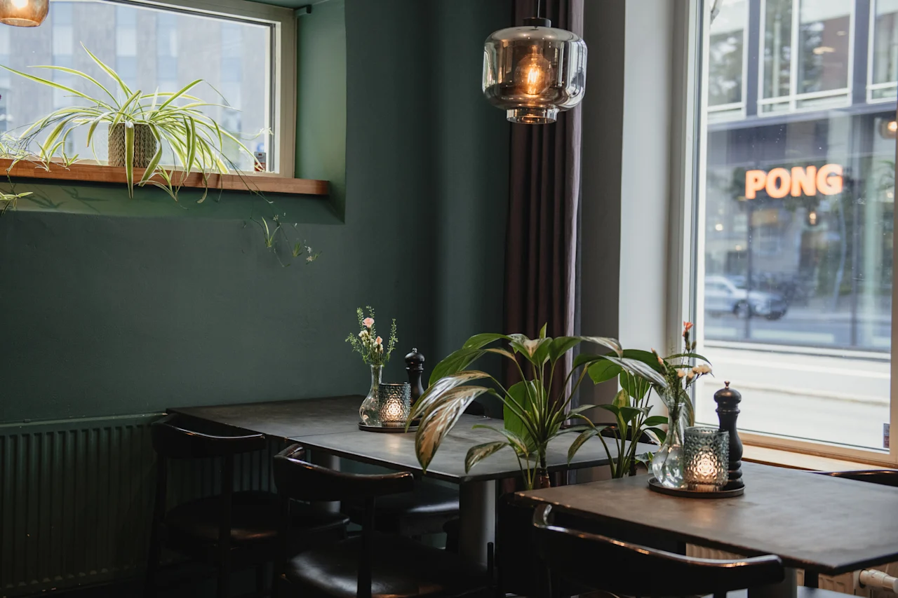 A cozy dining area at Home Hotel Uppsala with dark green walls, tables set with plants and candles, and a window showing a street with PONG.