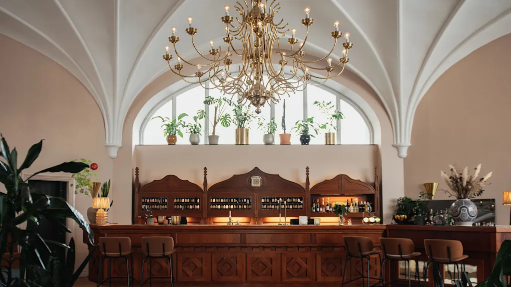 A wooden bar with high stools stands under an ornate chandelier. Shelves behind display bottles and plants adorn the upper ledge. The ceiling features elegant arches.