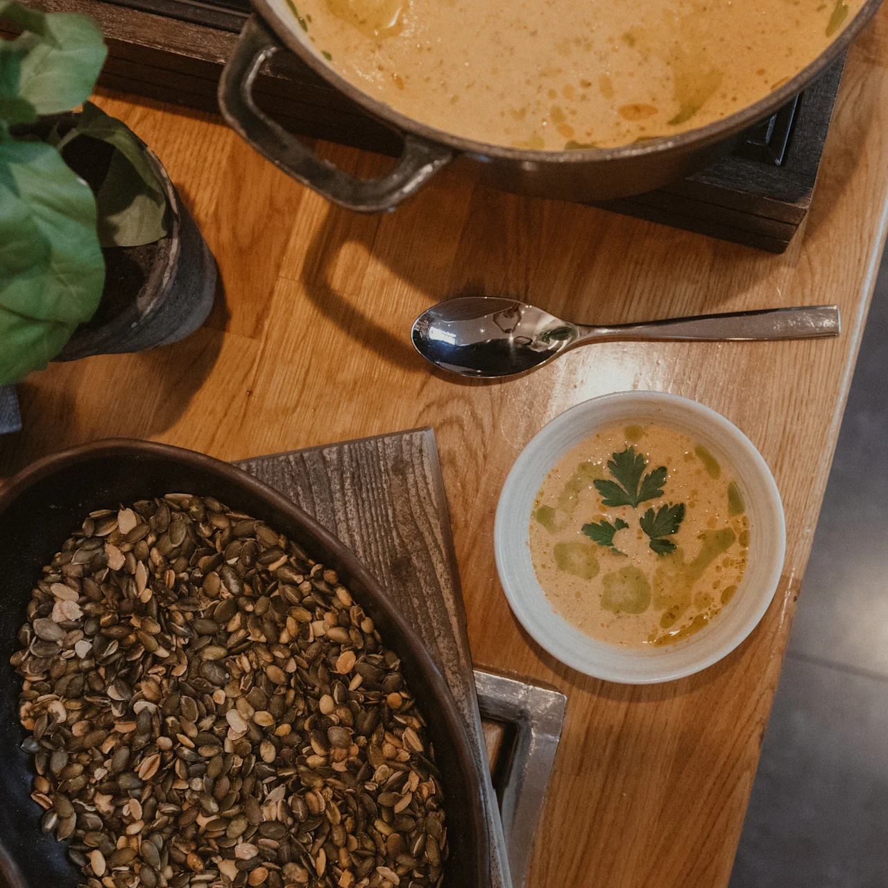 En gryde med cremet suppe står på et træbord ved siden af en skål med frø, med en plante i nærheden og en ske og lille suppeskål i sigte.