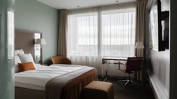 Et roligt hotelværelse med en komfortabel seng, et skrivebord til produktivitet og store vinduer, der giver en lys atmosfære.