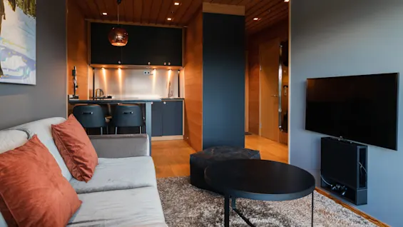 Modern living room with a sofa, kitchen counter, and TV; warm and cozy atmosphere with wooden accents.