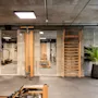 Træningsudstyr, herunder ringe, en klatrestige og en romaskine, er arrangeret i et rum med betonvægge. En stor potteplante tilføjer et naturligt element til området.