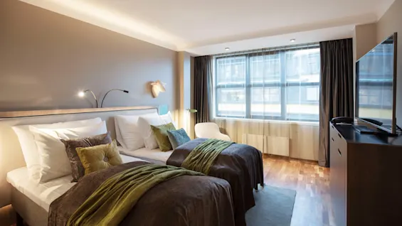 A neatly made bed with brown and green bedding sits in a well-lit room, accompanied by a large window and television on a wooden dresser.