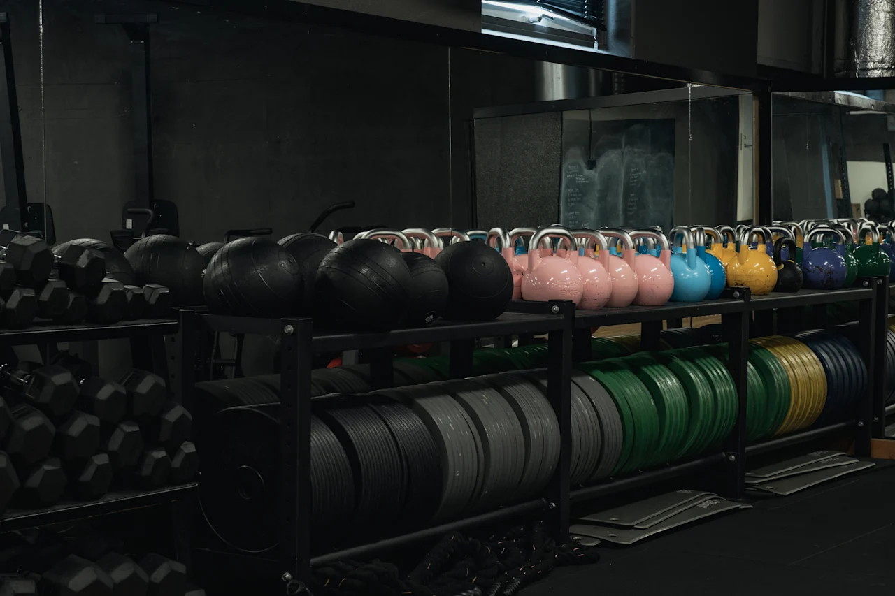 Et veludstyret fitnesscenter med rækker af farverige kettlebells, medicinbolde, håndvægte og vægtskiver på sorte reoler.