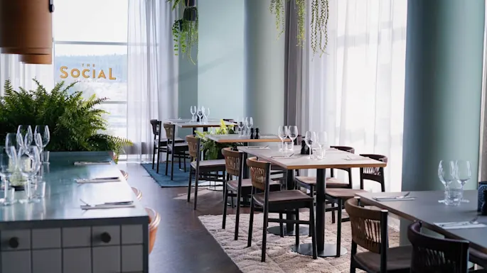 Restaurant tables are set with glassware and cutlery, surrounded by plants and bathed in natural light from windows. The word "THE SOCIAL" is visible on a window.