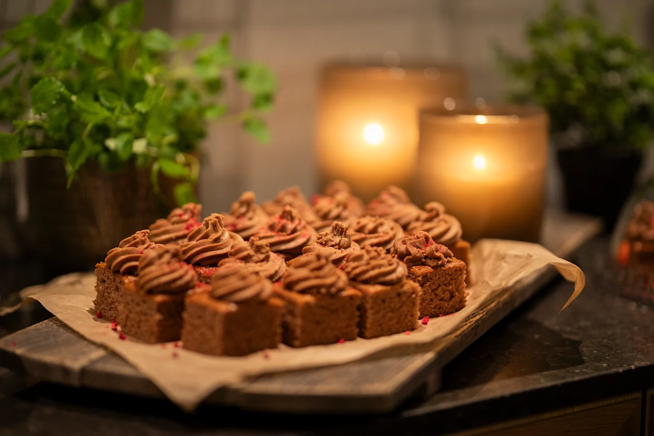 Chocolate cake squares with swirled frosting sit on parchment paper atop a wooden board. Two lit candles create a warm glow, surrounded by green potted plants.