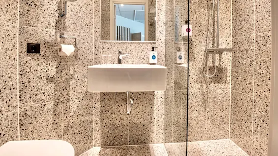 A white sink with a faucet stands against speckled tile walls; nearby, a showerhead is mounted, and toiletries rest on glass shelves. A mirror reflects light, enhancing brightness.