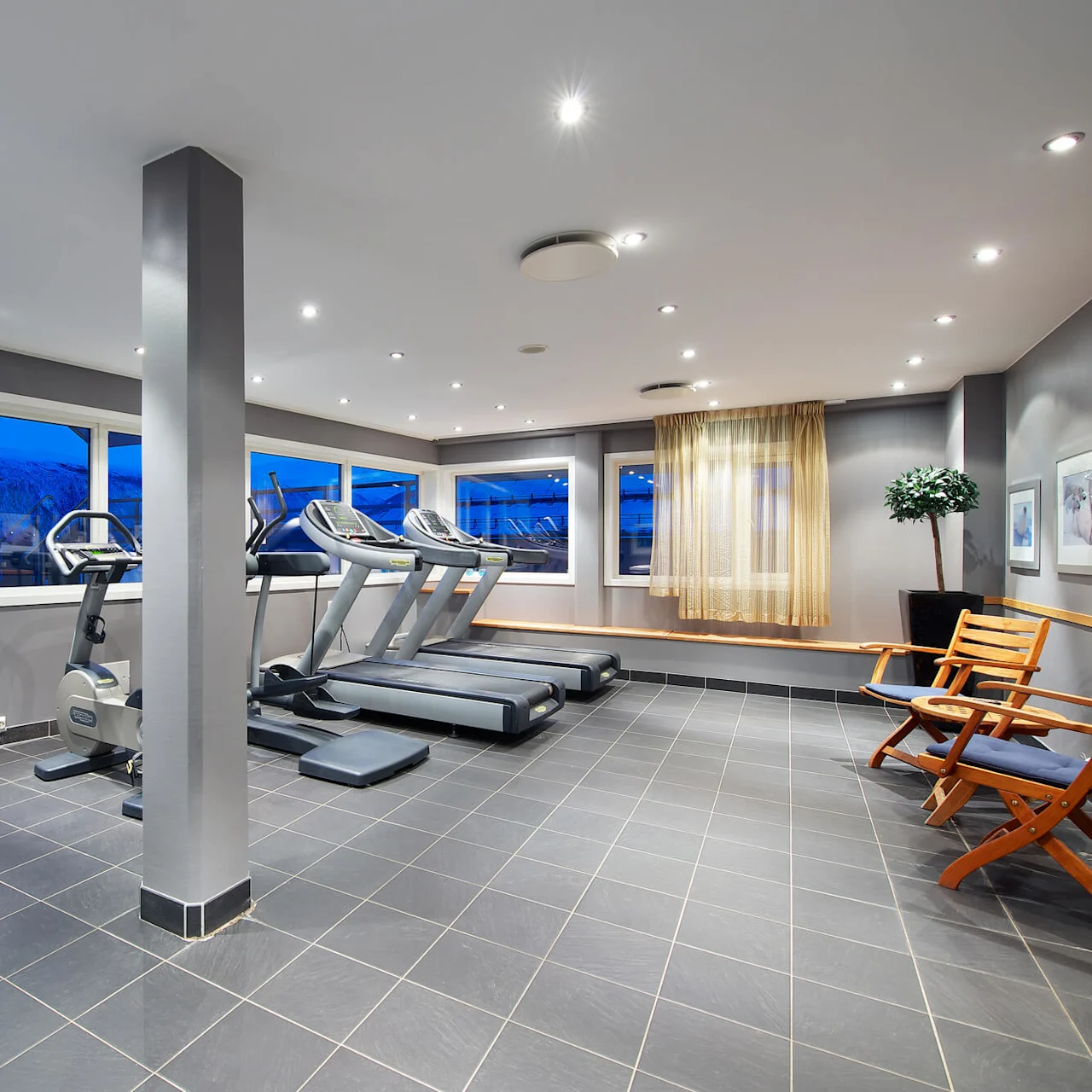 Modern gym interior with treadmills and exercise equipment, snowy mountains visible through the large windows.