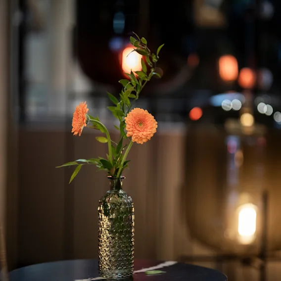 En koselig kveldsscene på Home Hotel Grand Bodø med en vase med oransje blomster på et bord og varme, uskarpe lys i bakgrunnen.