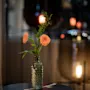 A cozy evening scene at Home Hotel Grand Bodø with a vase of orange flowers on a table and warm, blurred lights in the background.