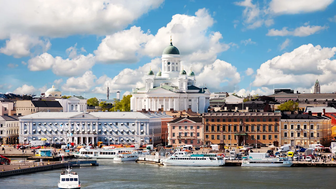 Helsinki, Finland, white cathedral in sunlight.