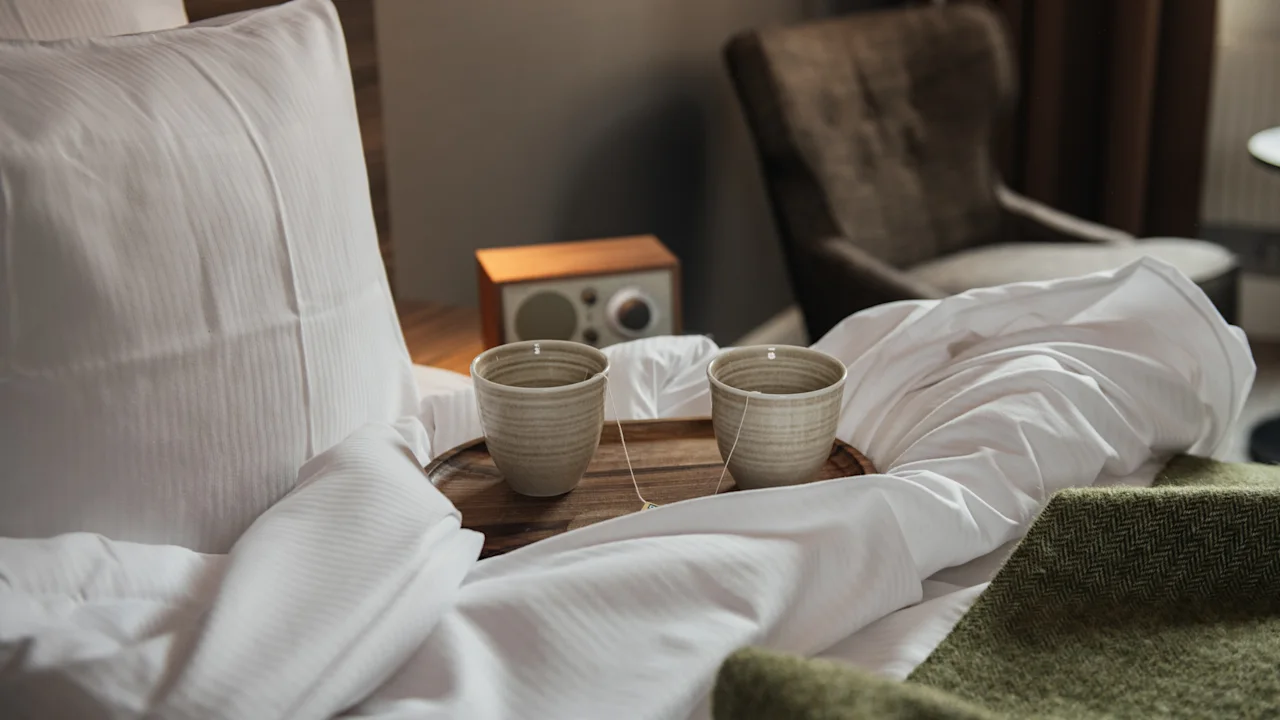 Ceramic cups sit on a wooden tray atop a rumpled, white bed. Nearby, a brown chair and a small wooden speaker add to the cozy atmosphere.