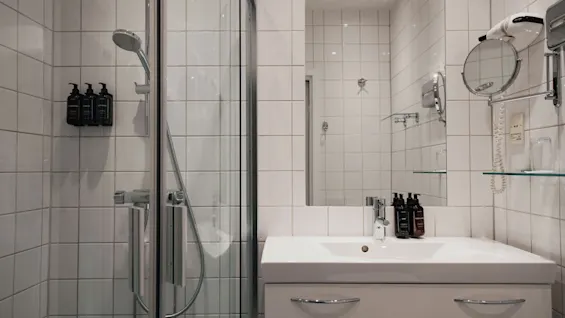 Et lyst og moderne badeværelse på Home Hotel Wellington, med en bruser og en håndvask med spejl og toiletartikler.