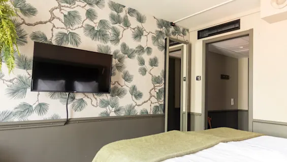 Hotellihuone, jossa on mukava sänky, televisio seinällä vihreällä kasvitieteellisellä tapetilla ja oviaukko. Täydellinen rentouttavaan oleskeluun.