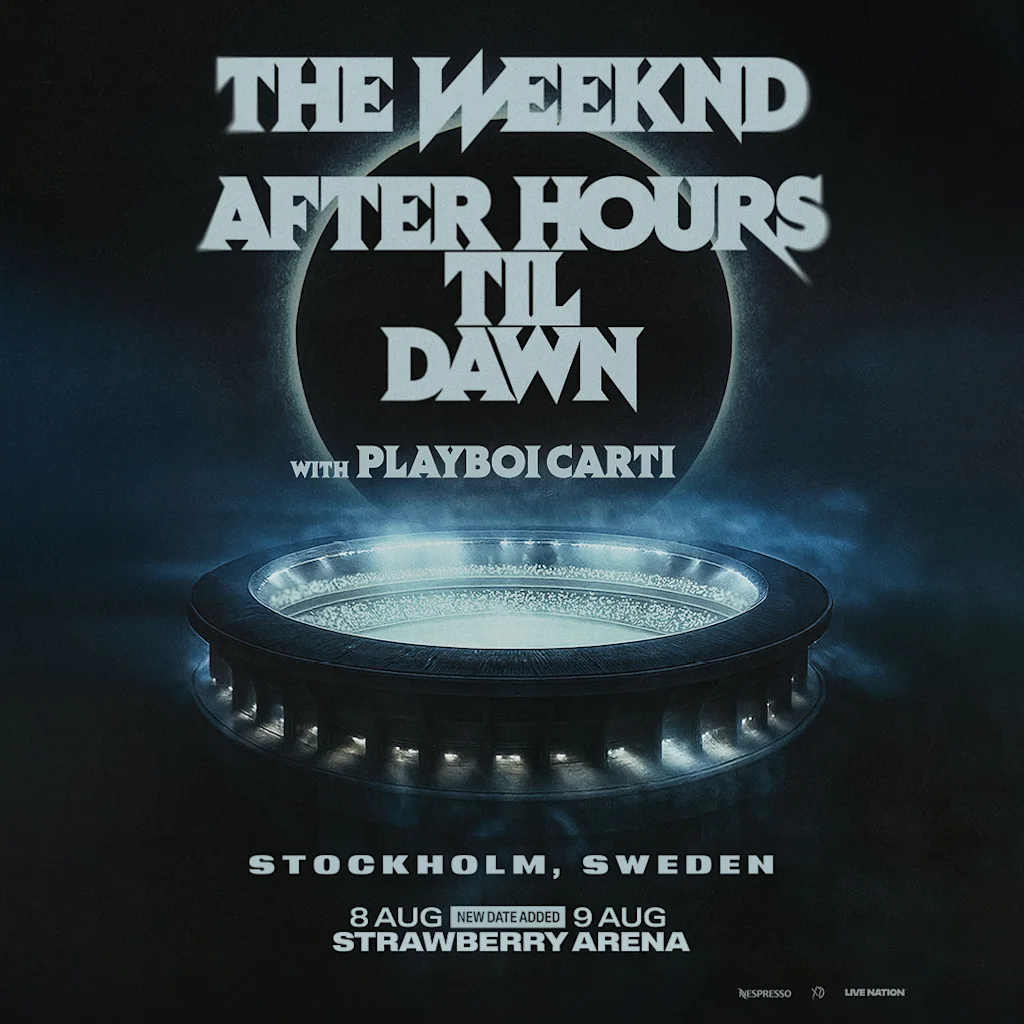 A glowing circular arena emits light in a dark setting. Text: "The Weeknd After Hours Til Dawn with Playboi Carti. Stockholm, Sweden. 8 Aug new date added 9 Aug Strawberry Arena."