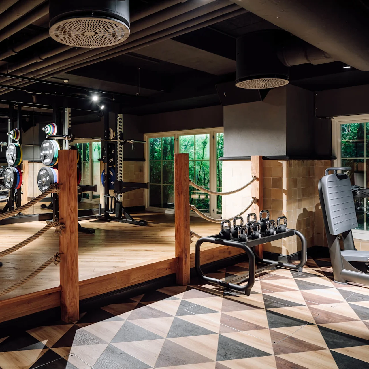 Gym equipment sits idle on a wooden platform surrounded by ropes, dumbbells, kettlebells, and exercise machines under a ceiling with visible piping. Large windows show green outdoor scenery.
