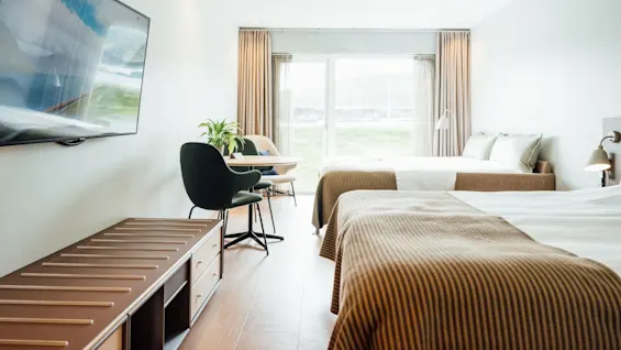 Et hotelværelse har to pænt redte senge, et tv på væggen og et lille bord med stole ved et stort vindue. En plante tilføjer grønt.