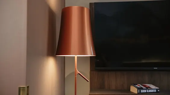 En moderne kobberfarget lampe lyser opp et koselig hjørne med en TV og en bok med tittelen KARIN SLAUGHTER på en hylle.