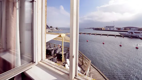 View of Kalmar guest harbour from a hotel room at Home Hotel Packhuset in Kalmar. 