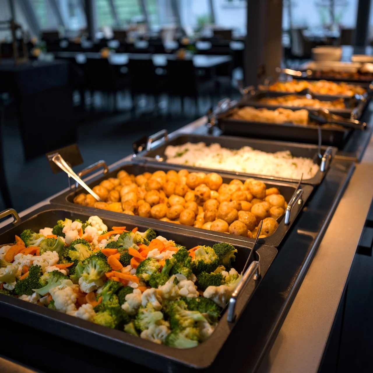 Buffébrickor med grönsaker, potatis och ris visas. Serveringsredskap vilar i varje bricka. Miljön är ett svagt upplyst matområde med bord och stolar i bakgrunden.
