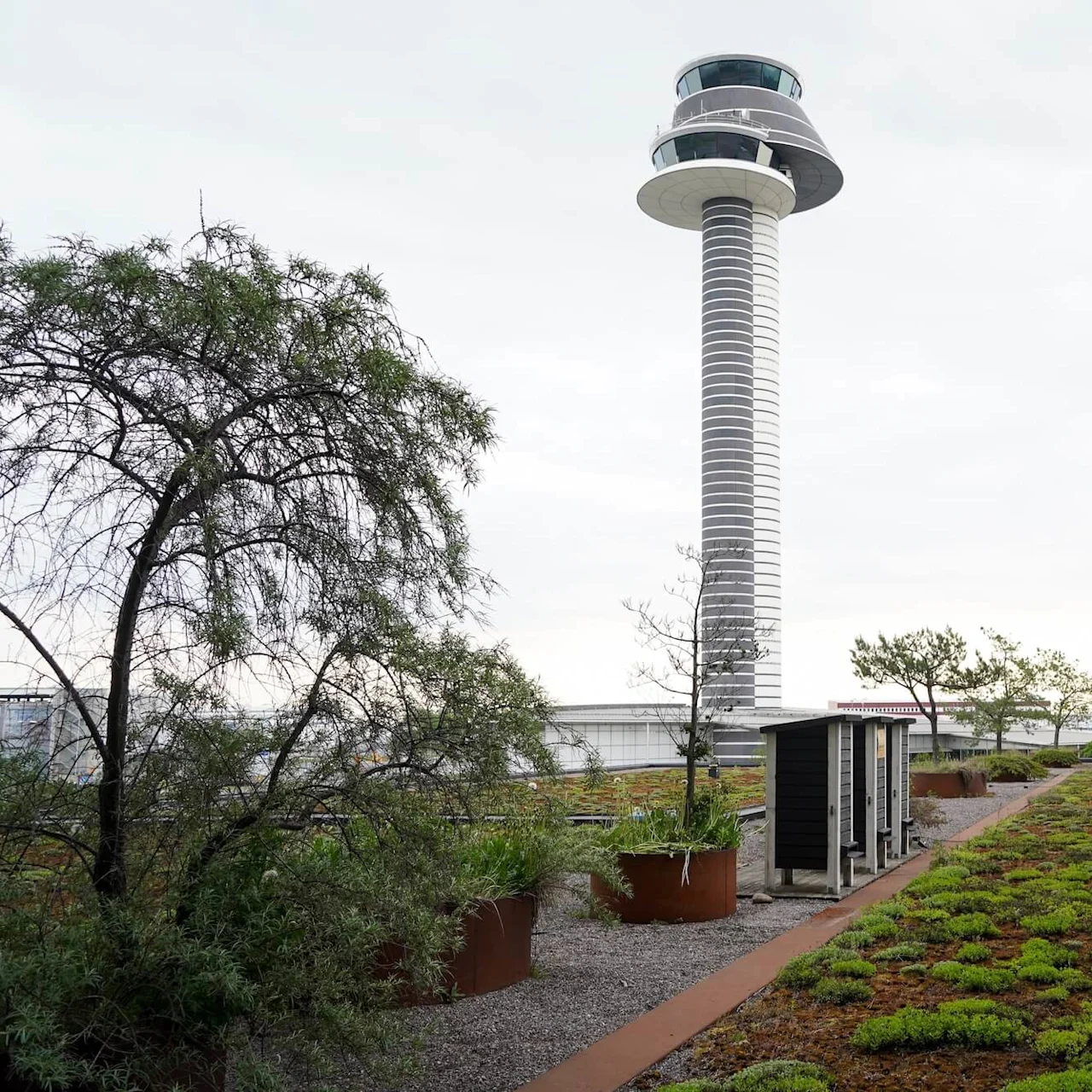 A tall, striped control tower stands amidst a landscape of green plants and trees on a rooftop garden, with a cloudy sky overhead.