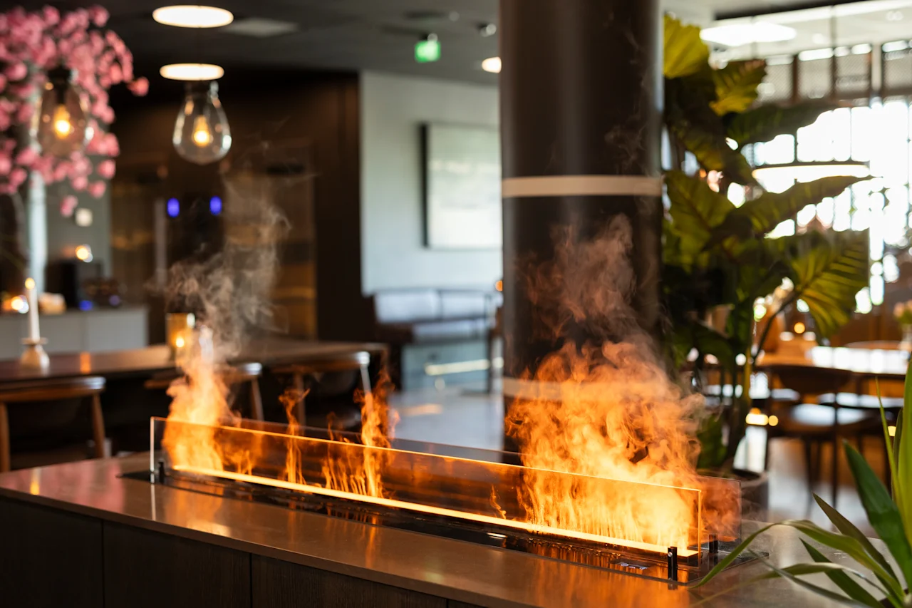 En moderne innendørspeis med dansende flammer og røyk, som skaper en varm og innbydende atmosfære i et stilig interiør.