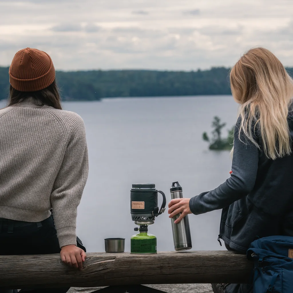 Två personer njuter av en naturskön utsikt över en sjö och skog, tar en paus med ett portabelt kök och vattenflaska.